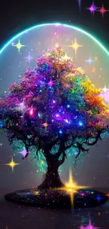 Mystical tree with vibrant colors and glowing aura, perfect for mobile wallpaper.