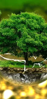 Floating sphere with a lush green tree inside, set against a blurred background.