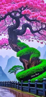 Vibrant fantasy tree with pink blossoms.