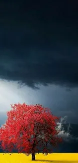 Vibrant red tree on yellow field beneath dark sky.