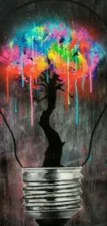 Colorful tree in a light bulb, vibrant black wallpaper.