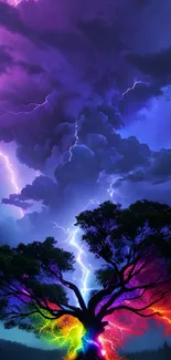 Dramatic sky with a tree lit by rainbow lightning.