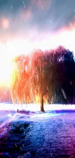 Mystical willow tree with vibrant colors in a misty dawn landscape.