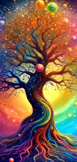 Colorful tree of life with vibrant abstract design on mobile wallpaper.