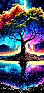 Vibrant tree of life with cosmic reflection.