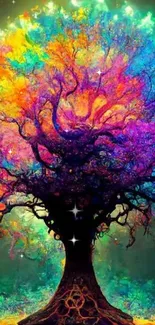 Vibrant multicolored tree wallpaper with surreal elements.