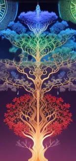 Vibrant Tree of Life with rainbow colors on a mobile wallpaper.