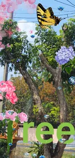 Tree with colorful flowers and butterfly wallpaper.