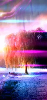 Vibrant tree silhouette with pink and purple light effects.