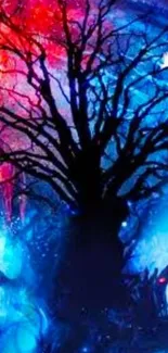 Vibrant tree silhouette with red and blue gradient.