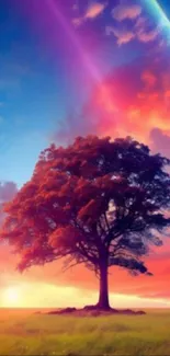 Vibrant tree silhouetted against colorful sunset and sky.