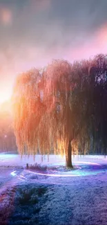 Vibrant tree under a pink and orange sunset.