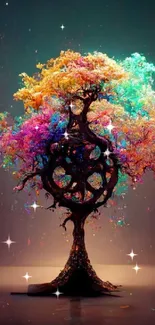 Colorful artistic tree with vibrant branches against a dark backdrop.