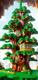 Vibrant treehouse made of colorful blocks in a fantasy setting.