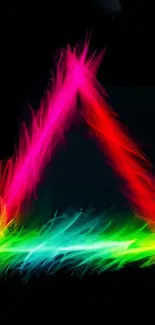 Vibrant neon triangle with colorful flares on a black background for mobile wallpaper.