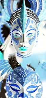 Vibrant tribal art with blue patterns and white accents.