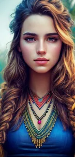 Colorful tribal art wallpaper with braid and jewelry details.