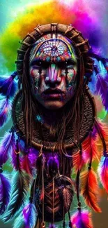 Colorful tribal art wallpaper with vibrant feathers and mystical face.