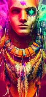 Vibrant neon and tribal art wallpaper featuring bold colors and intricate designs.