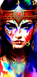 Vibrant tribal face art with colorful abstract patterns