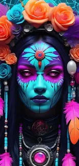 Colorful tribal art wallpaper with vibrant feathers.