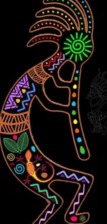 Colorful vibrant tribal art wallpaper on black background.