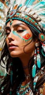 Woman wearing a turquoise feathered headdress with tribal face paint.