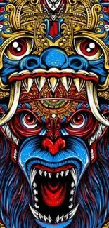 Intricate tribal beast art design with vibrant colors.