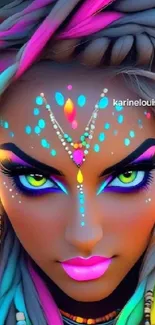 Vibrant tribal-themed face art with neon colors and intricate patterns.