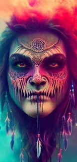 Vibrant and colorful tribal art face mobile wallpaper.