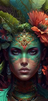 Fantasy tribal woman with floral headdress and vibrant colors.