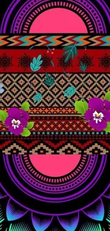 Vibrant tribal and floral wallpaper with colorful patterns and artistic design.