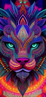 Vibrant tribal lion art with colorful patterns.