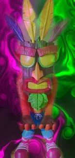 Vibrant tribal mask with neon green and pink smoke background.