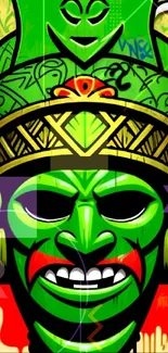 Artistic tribal mask with bold green colors on a vibrant background.