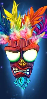 Colorful tribal mask with glowing feathers wallpaper.