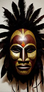 Tribal mask with feathers on a dark background.