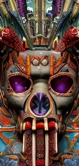 Vibrant tribal mask with teal and bold details.