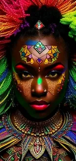 Vibrant tribal portrait with colorful beads and face paint.