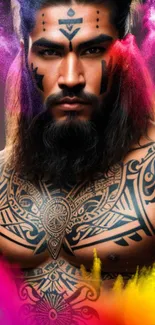 Vibrant tribal warrior with colorful tattoos and vivid color bursts.