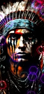 Tribal warrior with vibrant feathered headdress on dark background.