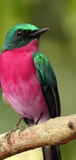 Trogon bird with vibrant green and pink feathers perched on a branch.