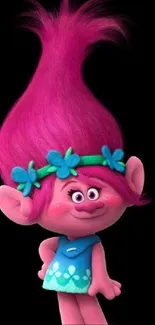 Vibrant pink troll character with a playful expression and colorful flower headband.