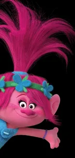 Vibrant pink-haired Troll character on black background.