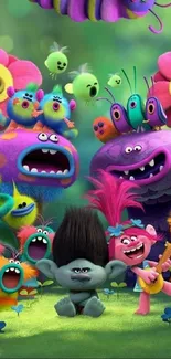 Vibrant trolls animated wallpaper with colorful characters and playful theme.