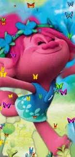 Animated troll character with butterflies in a vibrant, colorful background.