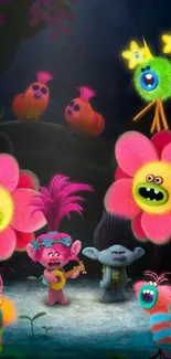 Colorful Trolls characters amid bright flowers.