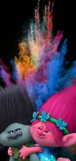 Colorful Trolls hugging with vibrant color burst.