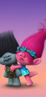 Two cheerful trolls hugging on a purple and orange backdrop.