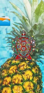 Tropical pineapple with colorful turtle artwork on blue background.